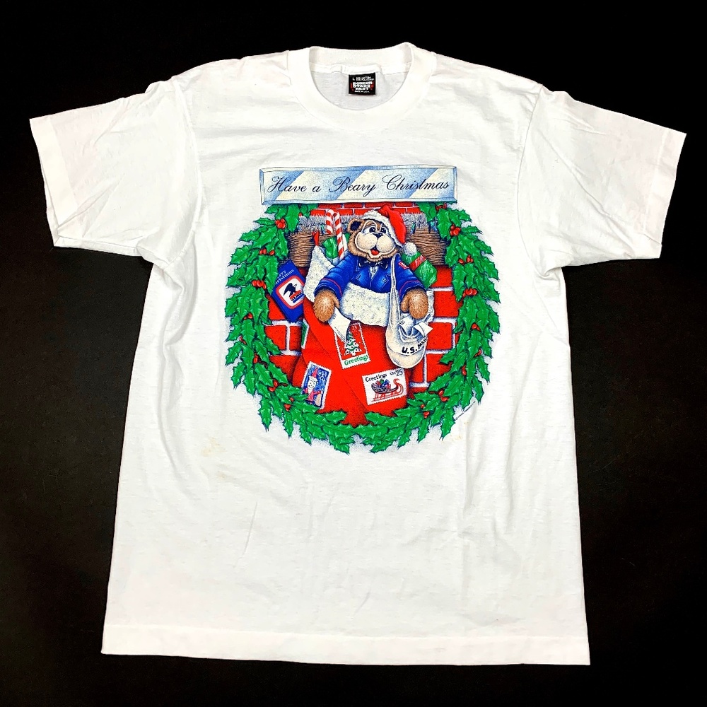 Vtg 90s Screen Stars Retro Bear Christmas T-Shirt
